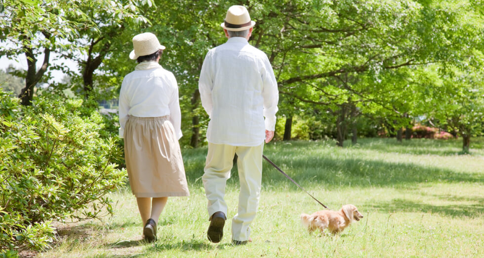 犬を散歩する夫婦の画像