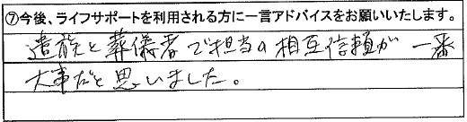 遺族と葬儀社で担当の相互信頼が一番大事だと思いました。